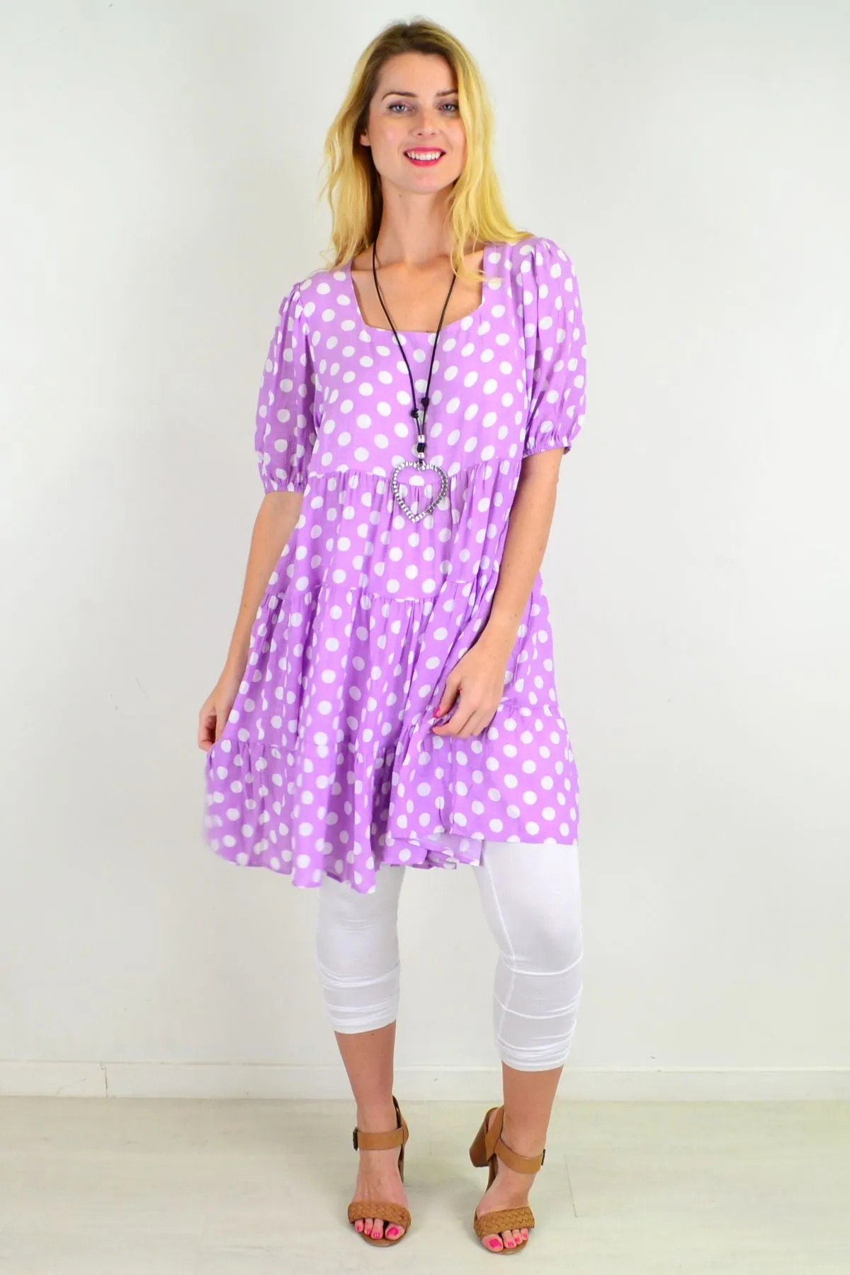 Mauve Polka Dot Puff Sleeves Tunics Dress