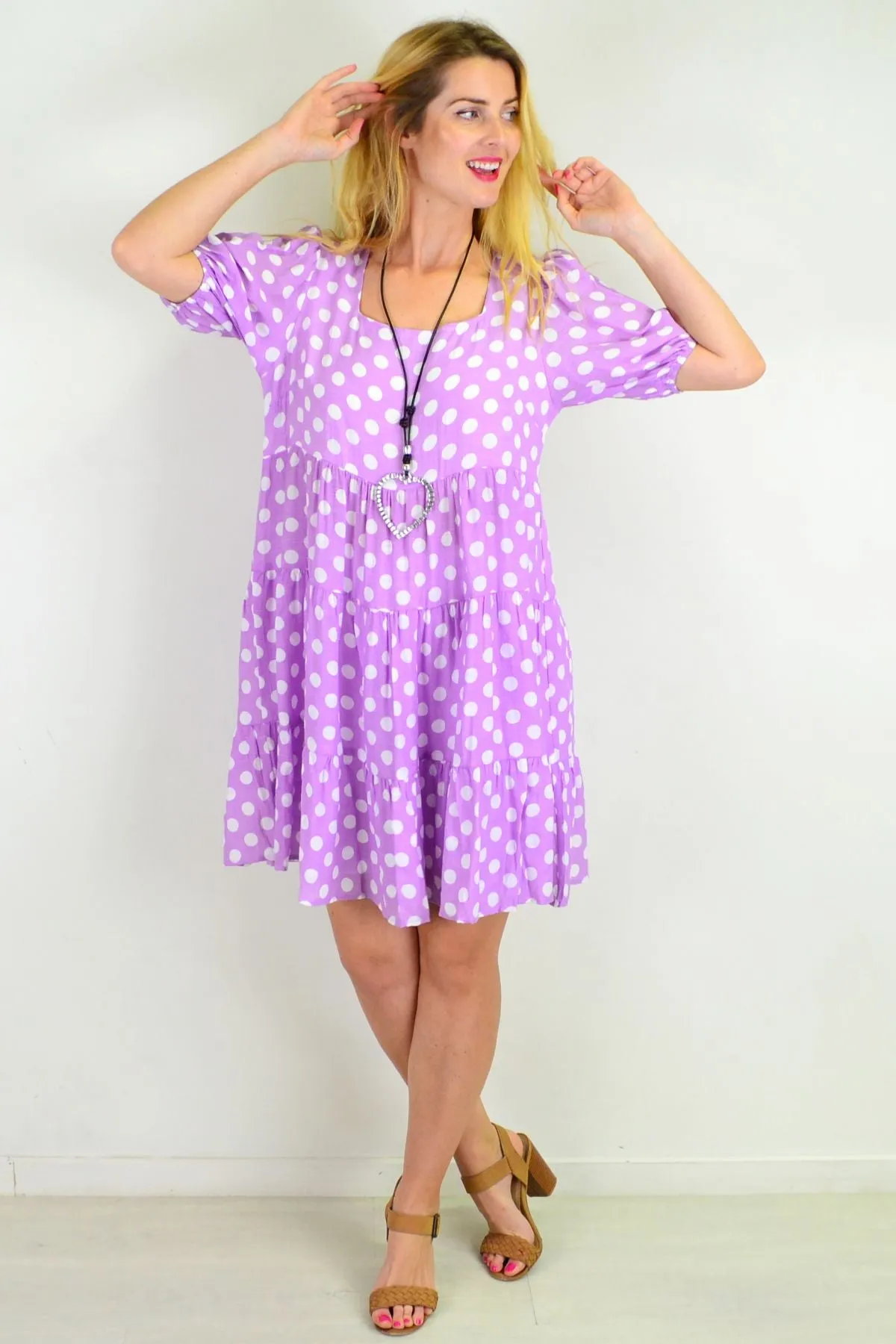 Mauve Polka Dot Puff Sleeves Tunics Dress