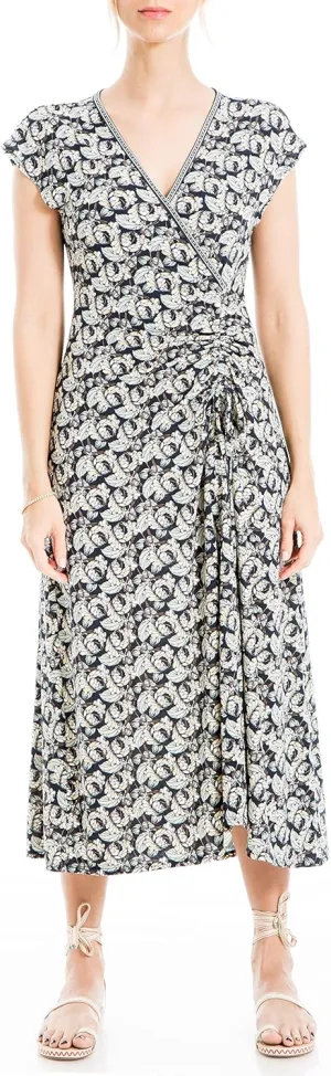 Max Studio Women's Short Sleeve Side Tie Ruched Midi Dress