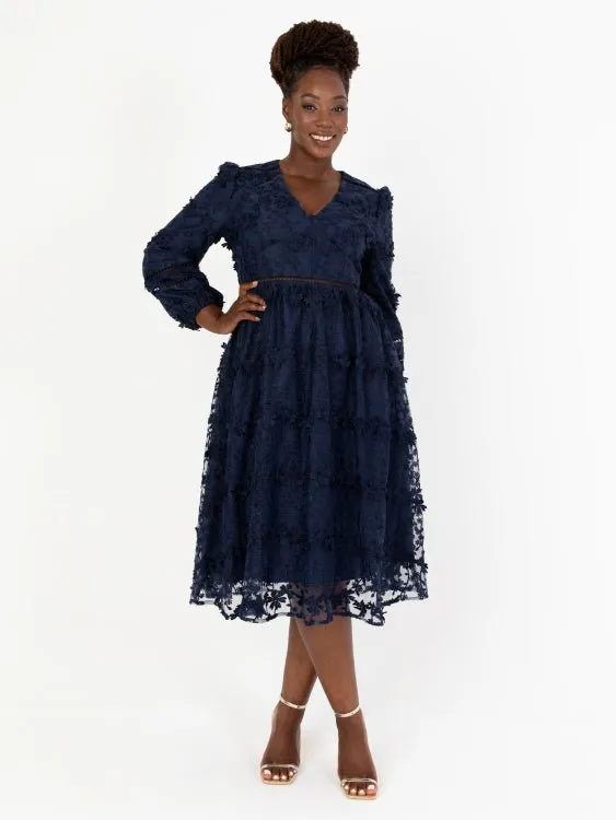 Maya Plus Size Navy 3D Floral Embroidered Long Sleeve Midi Dress