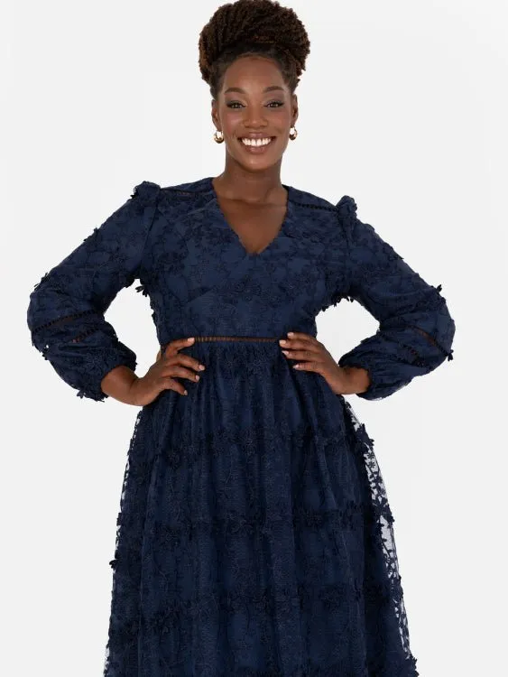 Maya Plus Size Navy 3D Floral Embroidered Long Sleeve Midi Dress