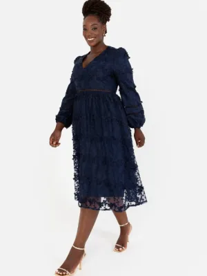 Maya Plus Size Navy 3D Floral Embroidered Long Sleeve Midi Dress