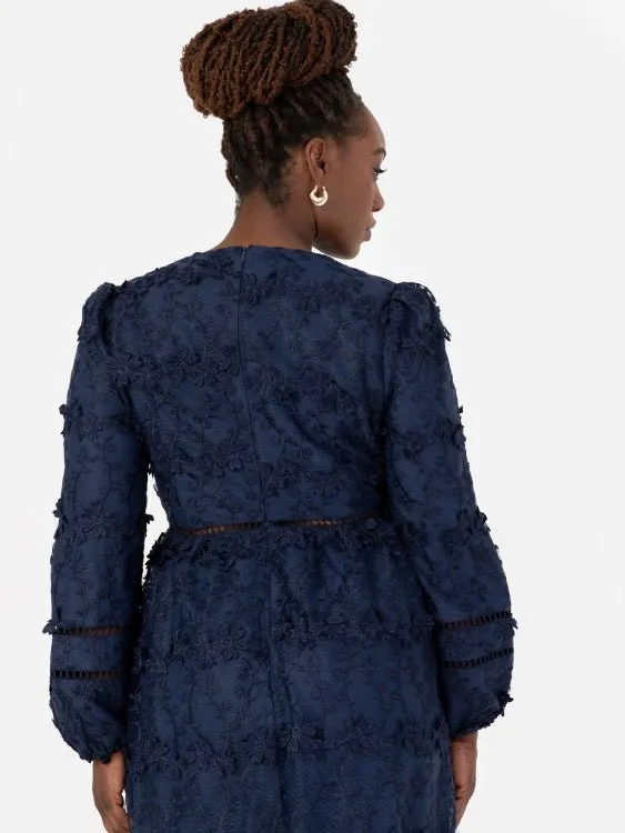 Maya Plus Size Navy 3D Floral Embroidered Long Sleeve Midi Dress