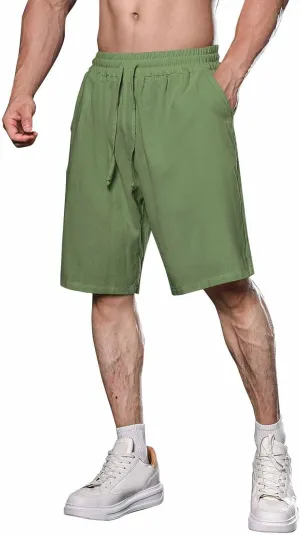 Mens Cotton Linen Shorts Knee Length Elastic Waist Drawstring Lightweight Breathable Casual Lounge Shorts