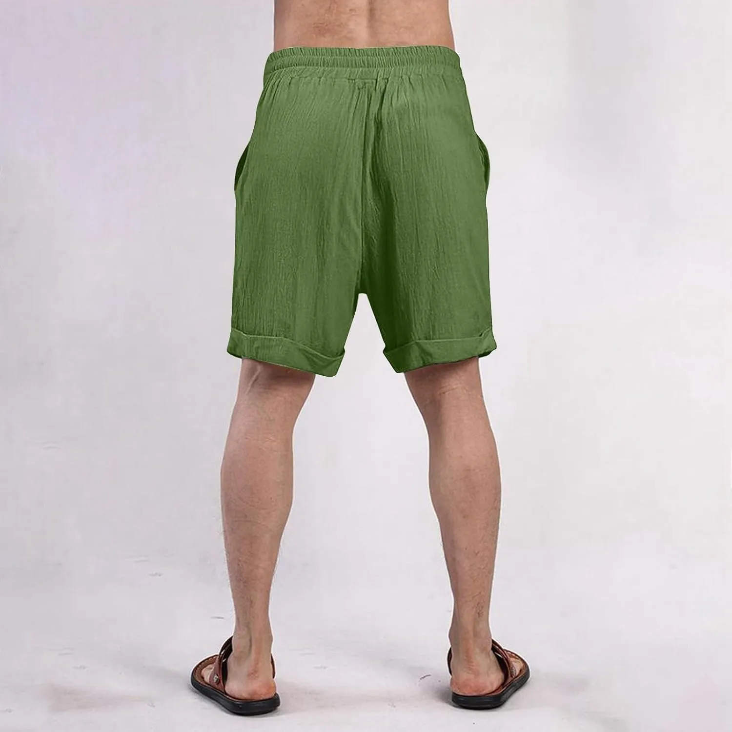 Mens Cotton Linen Shorts Knee Length Lightweight Breathable Elastic Waist Drawstring Casual Lounge Shorts