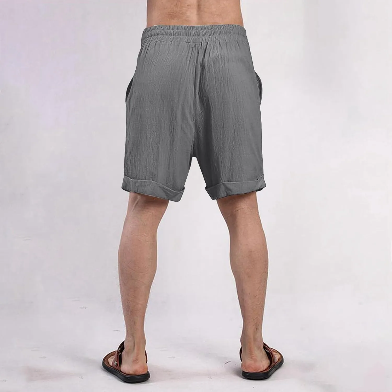 Mens Cotton Linen Shorts Knee Length Lightweight Breathable Elastic Waist Drawstring Casual Lounge Shorts