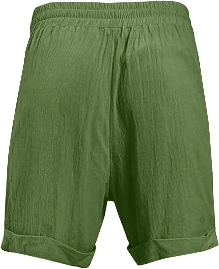 Mens Cotton Linen Shorts Knee Length Lightweight Breathable Elastic Waist Drawstring Casual Lounge Shorts