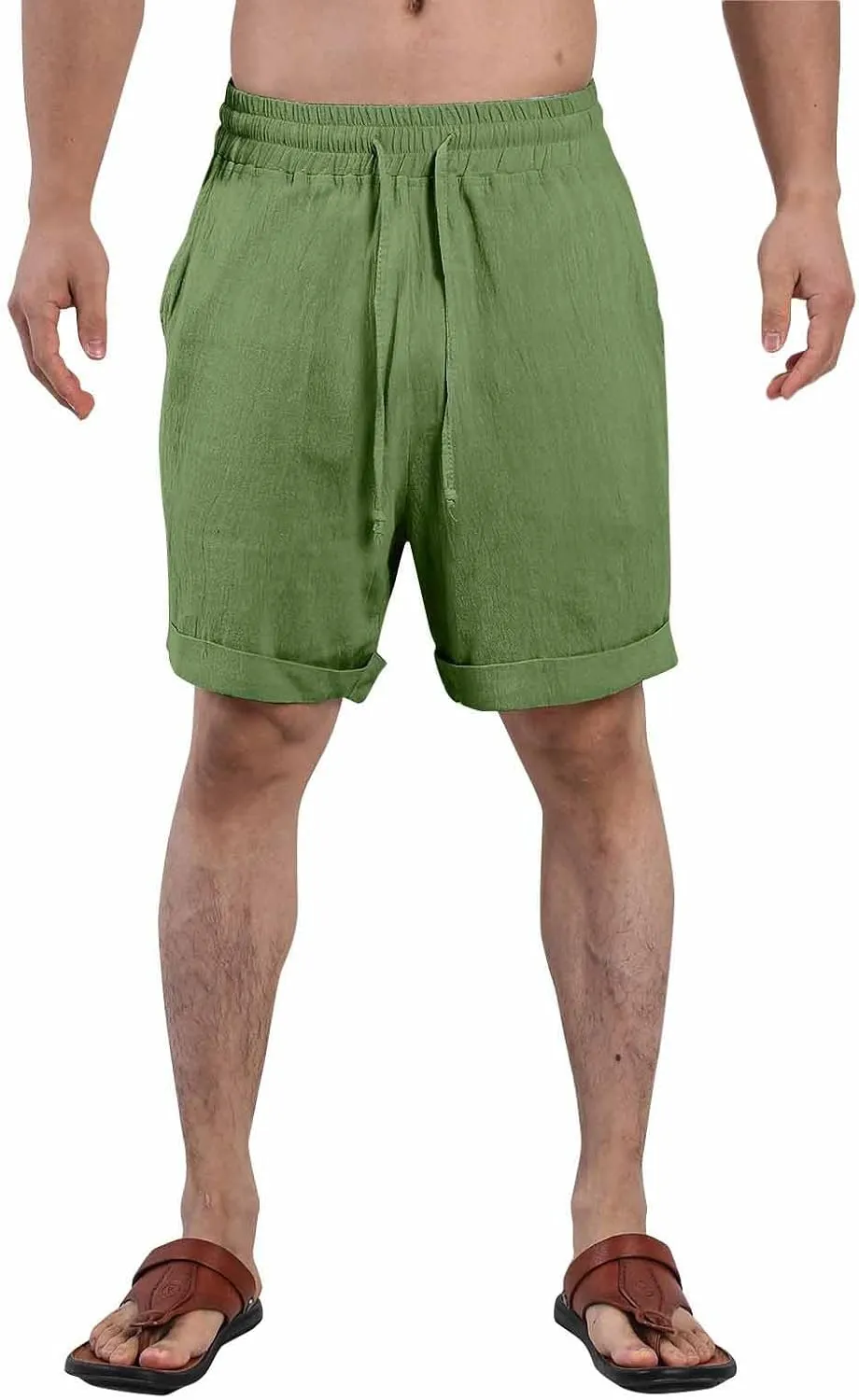 Mens Cotton Linen Shorts Knee Length Lightweight Breathable Elastic Waist Drawstring Casual Lounge Shorts
