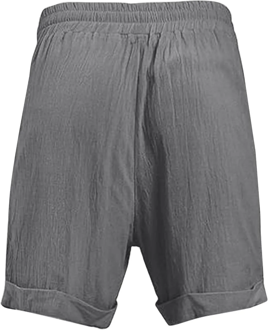 Mens Cotton Linen Shorts Knee Length Lightweight Breathable Elastic Waist Drawstring Casual Lounge Shorts