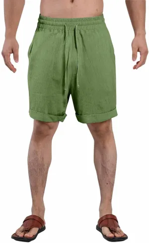 Mens Cotton Linen Shorts Knee Length Lightweight Breathable Elastic Waist Drawstring Casual Lounge Shorts