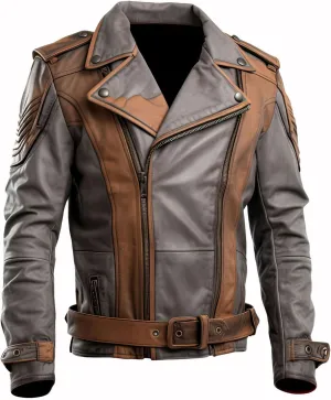 Mens Distressed Brown Grey Genuine Sheepskin Lapel Collar Asymmetric Crossover Belted Slim-fit Moto Biker