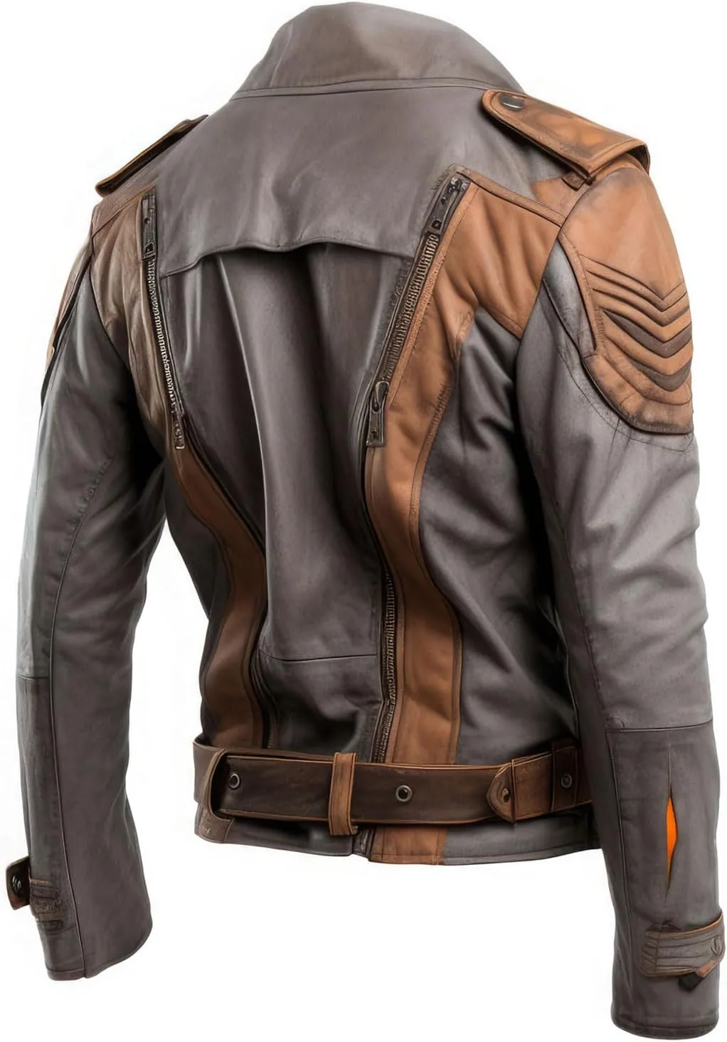 Mens Distressed Brown Grey Genuine Sheepskin Lapel Collar Asymmetric Crossover Belted Slim-fit Moto Biker