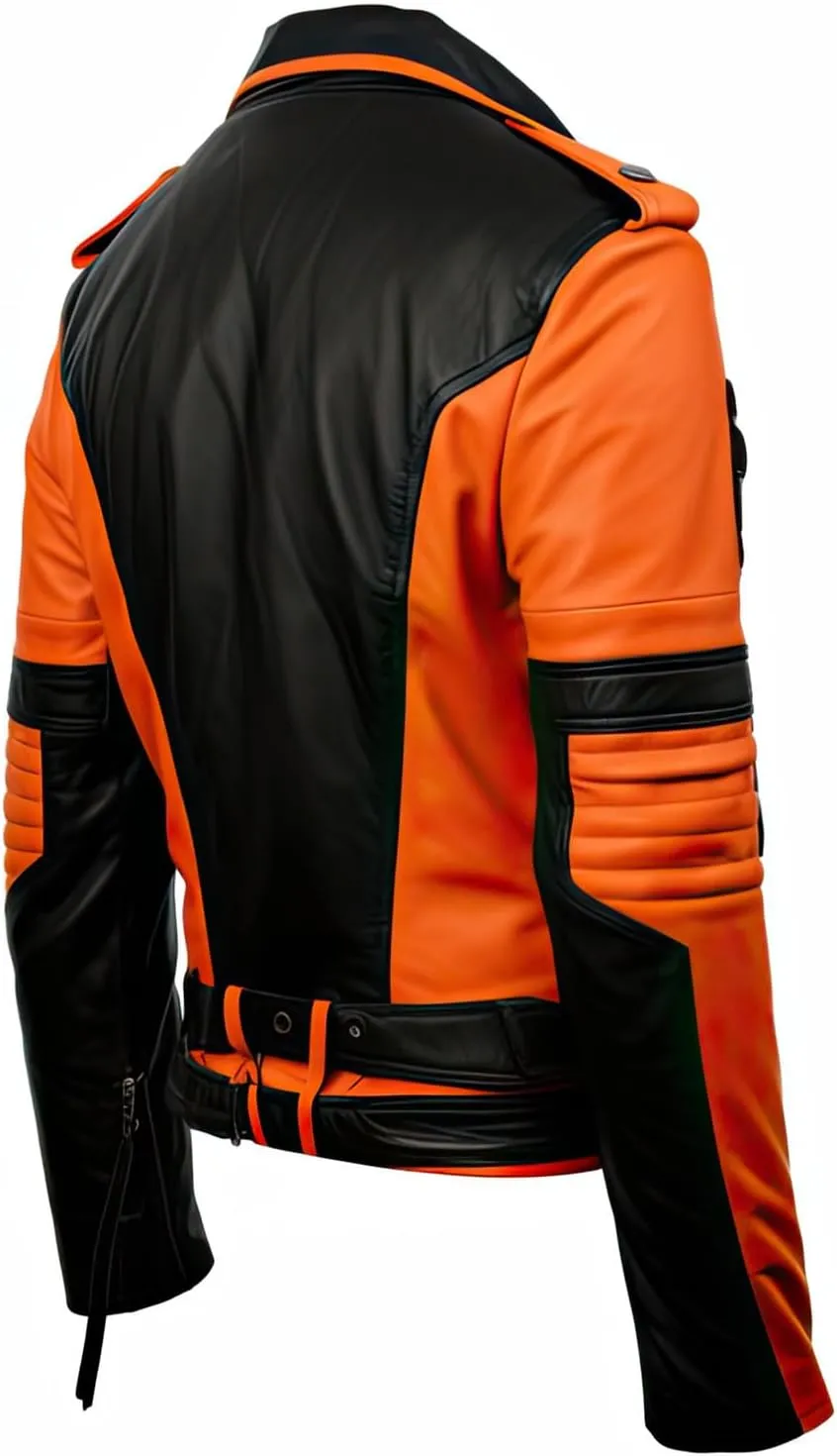 Mens Orange Black Genuine Sheepskin Asymmetric Crossover Lapel Collar Quilted Stylish Punk Moto Biker Leather Jacket