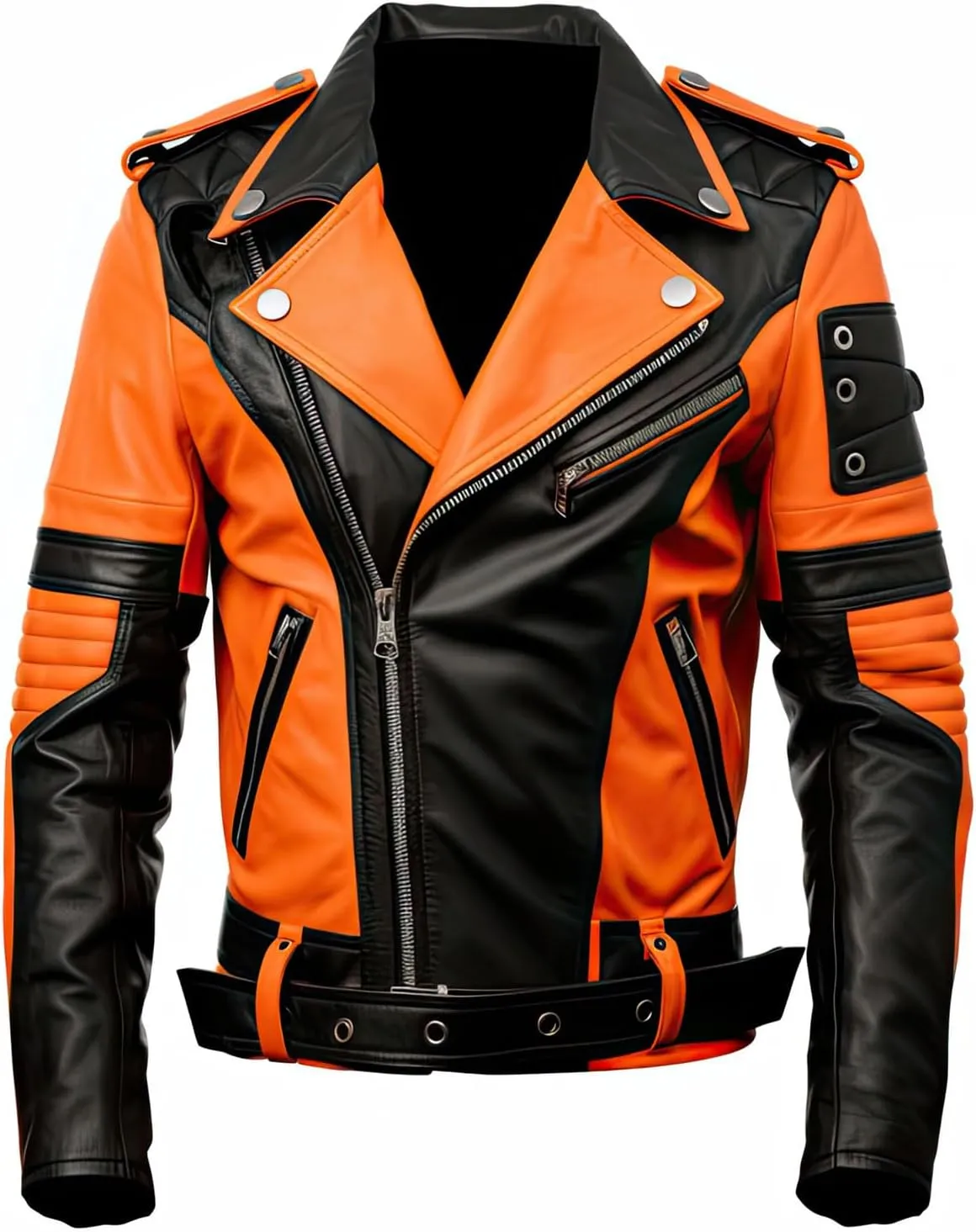 Mens Orange Black Genuine Sheepskin Asymmetric Crossover Lapel Collar Quilted Stylish Punk Moto Biker Leather Jacket