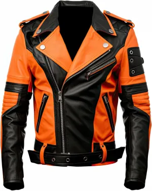 Mens Orange Black Genuine Sheepskin Asymmetric Crossover Lapel Collar Quilted Stylish Punk Moto Biker Leather Jacket