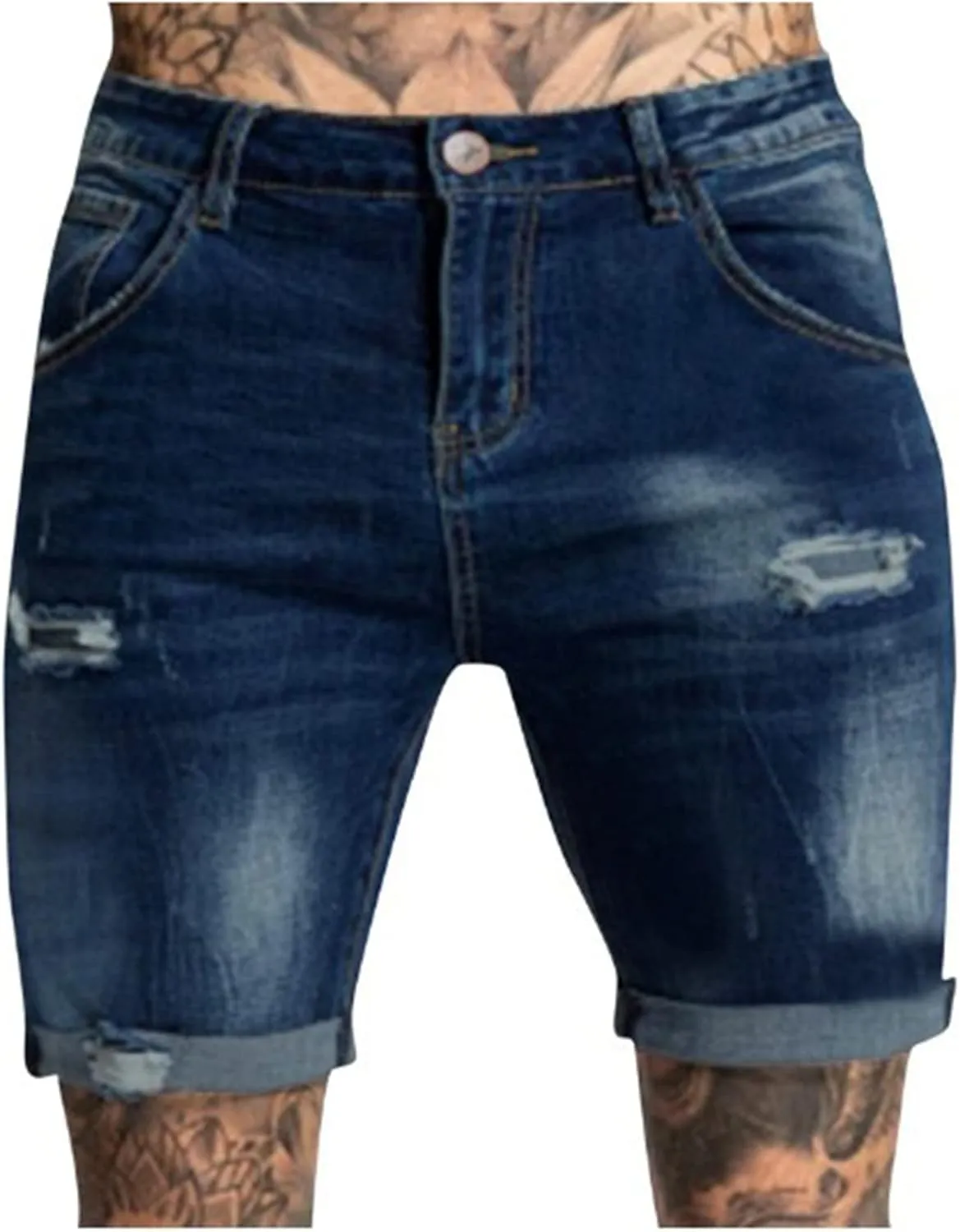 Men's Ripped Jeans Trunks Stretchy Washed Jeans Trunks Cut-Off Classic Fit Casual Jeans Shorts