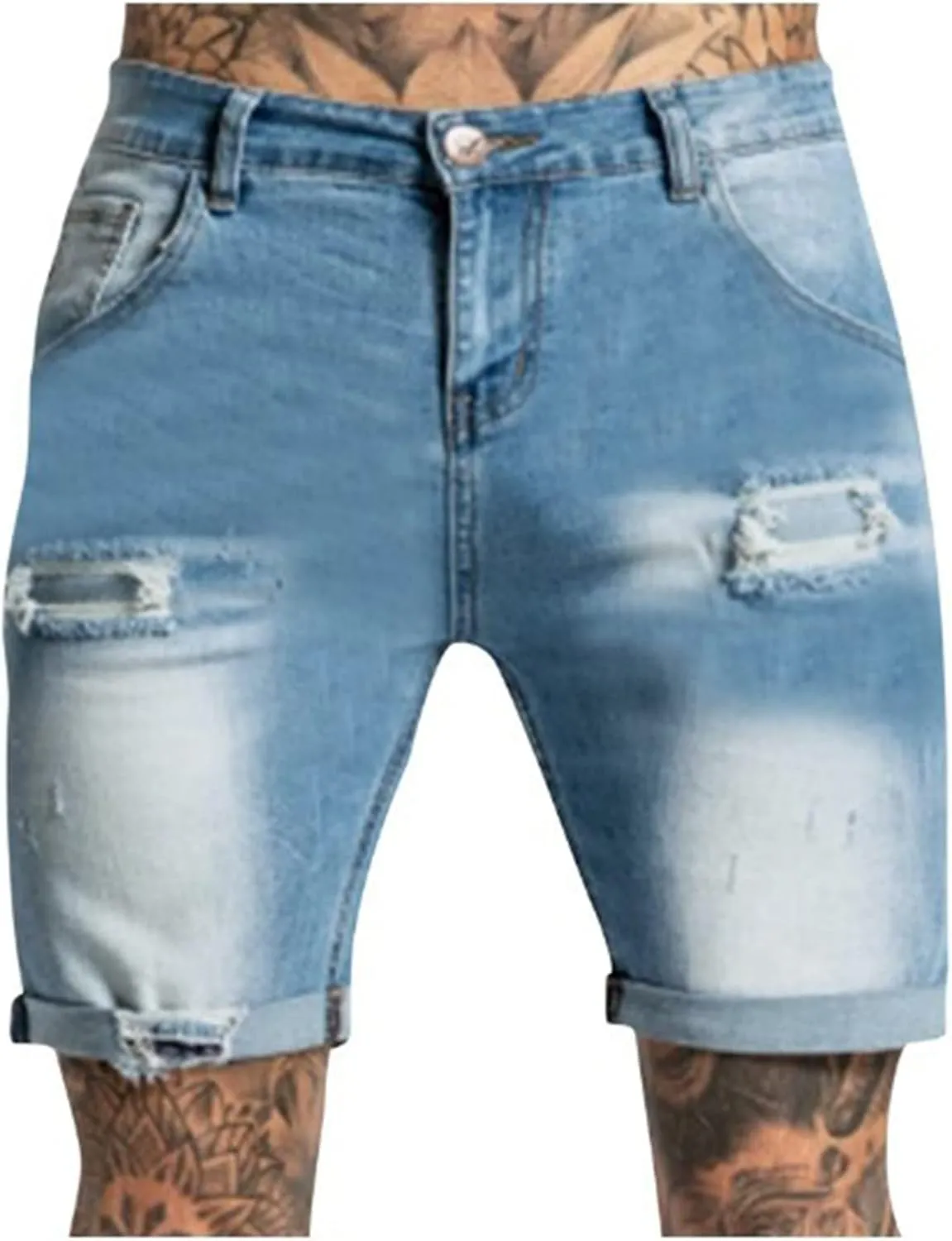 Men's Ripped Jeans Trunks Stretchy Washed Jeans Trunks Cut-Off Classic Fit Casual Jeans Shorts