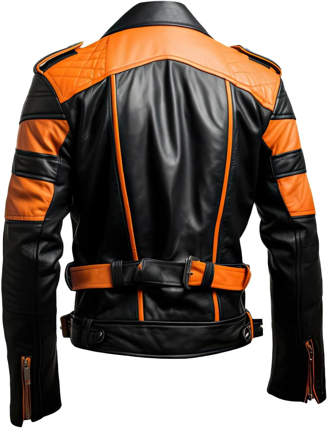 Mens Stylish Moto Racing Orange Black Asymmetrical Lapel Collar Slim Fit Belt Riding Real Leather Jacket Streetwear