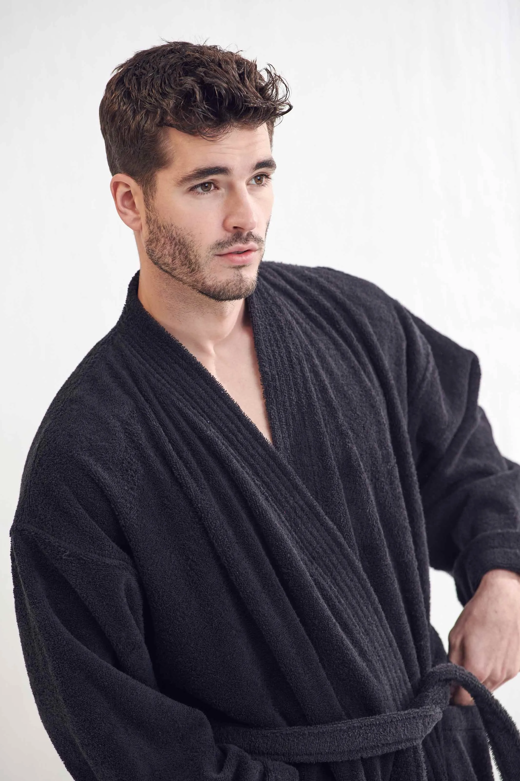 Men's Terry Cloth Bathrobe, Kimono Style, Luxury & Comfortable Terry Cotton Turkish Robe , (Black)