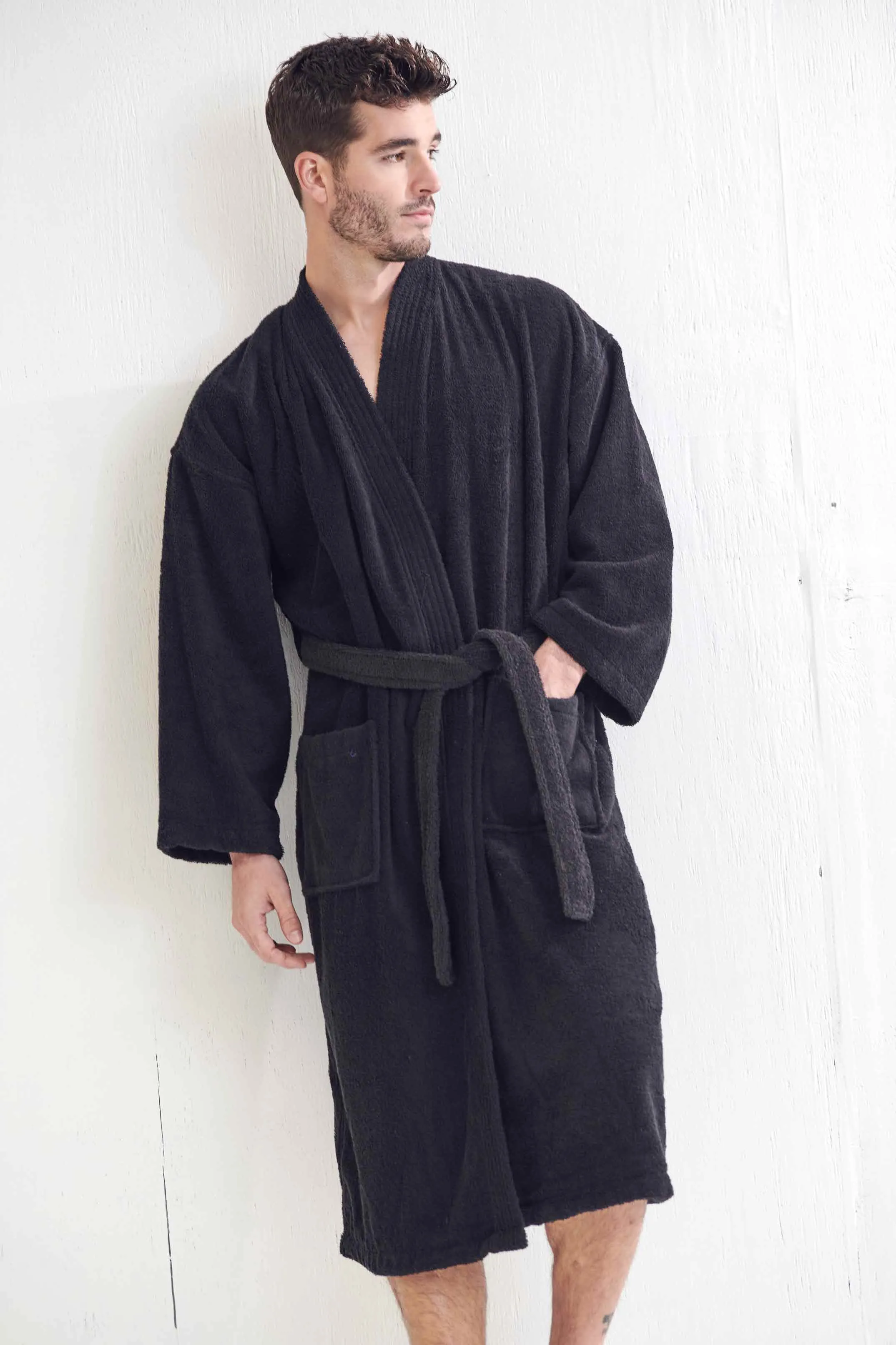 Men's Terry Cloth Bathrobe, Kimono Style, Luxury & Comfortable Terry Cotton Turkish Robe , (Black)