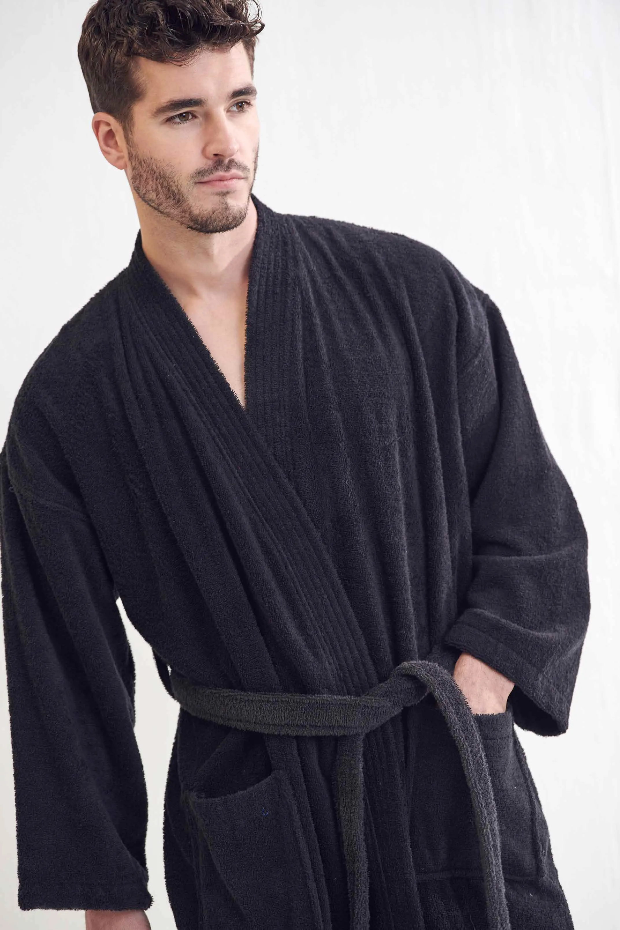 Men's Terry Cloth Bathrobe, Kimono Style, Luxury & Comfortable Terry Cotton Turkish Robe , (Black)