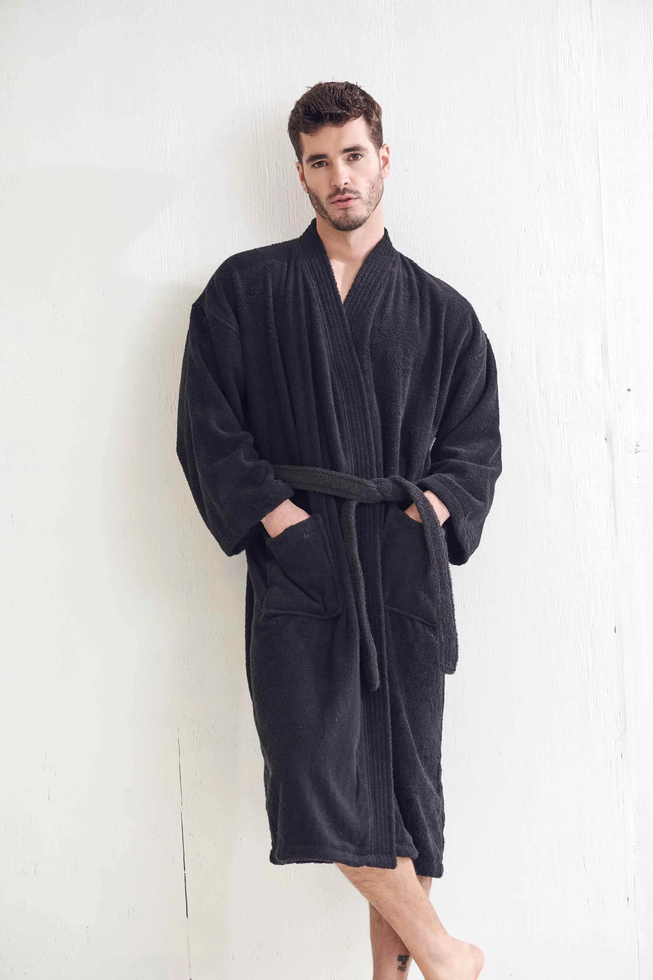 Men's Terry Cloth Bathrobe, Kimono Style, Luxury & Comfortable Terry Cotton Turkish Robe , (Black)