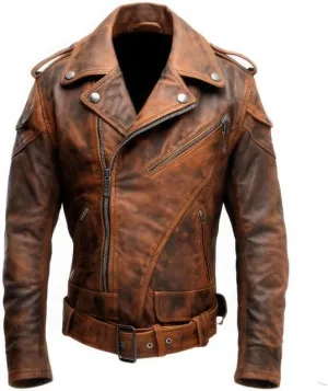 Men's Vintage Distressed Brown Genuine Lamskin Asymmetric Moto Notched Lapel Collar Crossover Biker Leather Jacket