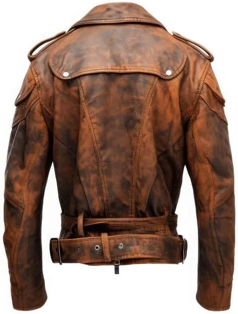 Men's Vintage Distressed Brown Genuine Lamskin Asymmetric Moto Notched Lapel Collar Crossover Biker Leather Jacket