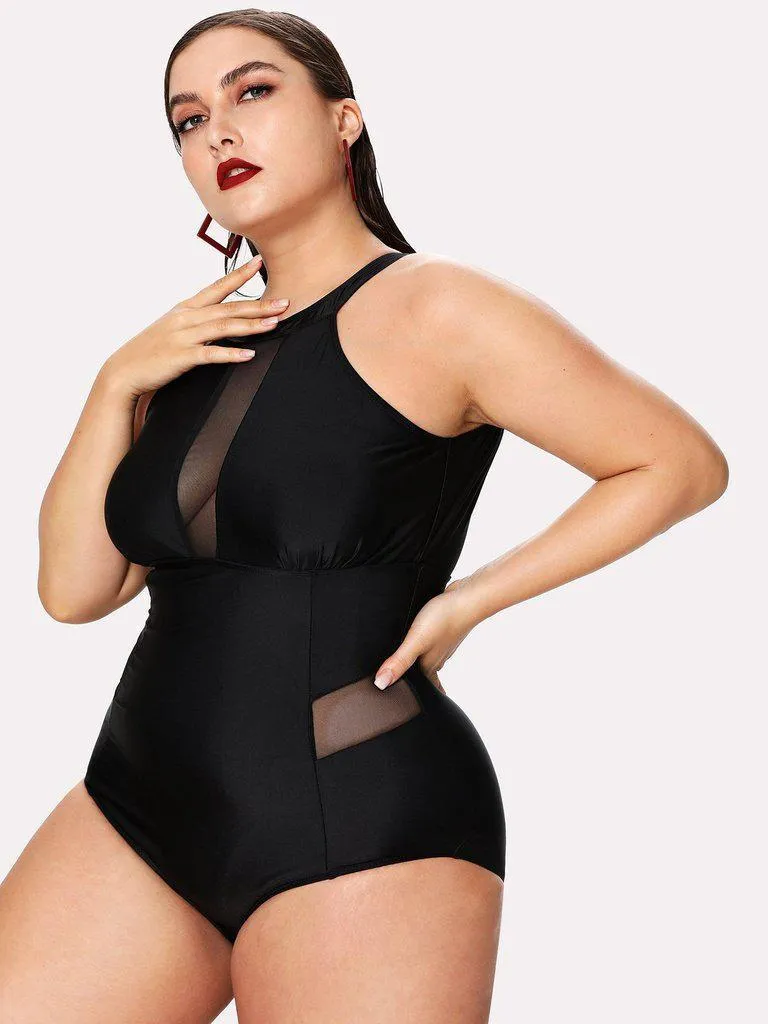 Mesh Panel High Neck Swimsuit