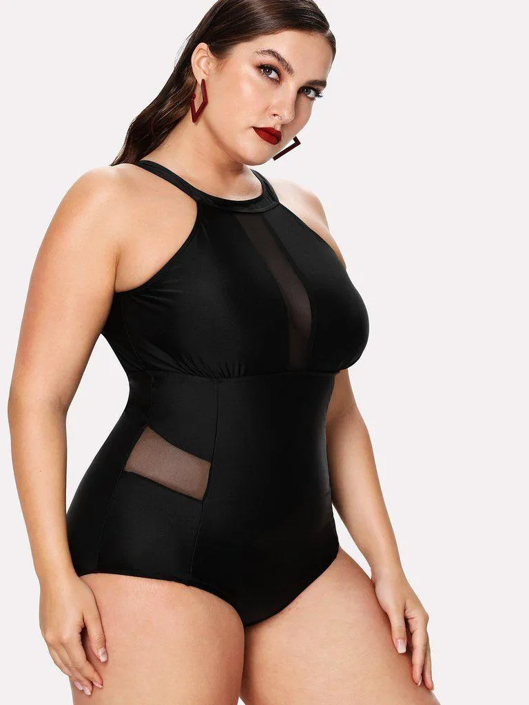 Mesh Panel High Neck Swimsuit