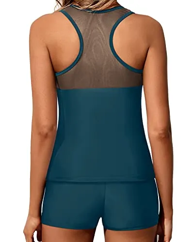 Mesh Shoulder And Racerback Athletic Racerback Tankini Swimsuits-Teal