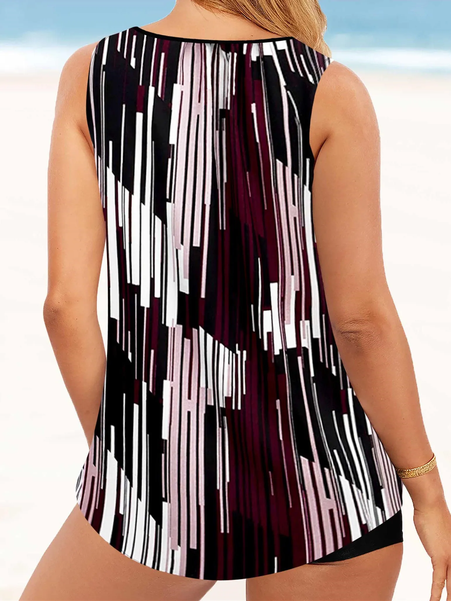 Metal Ring Detail Color Block Tankini Set