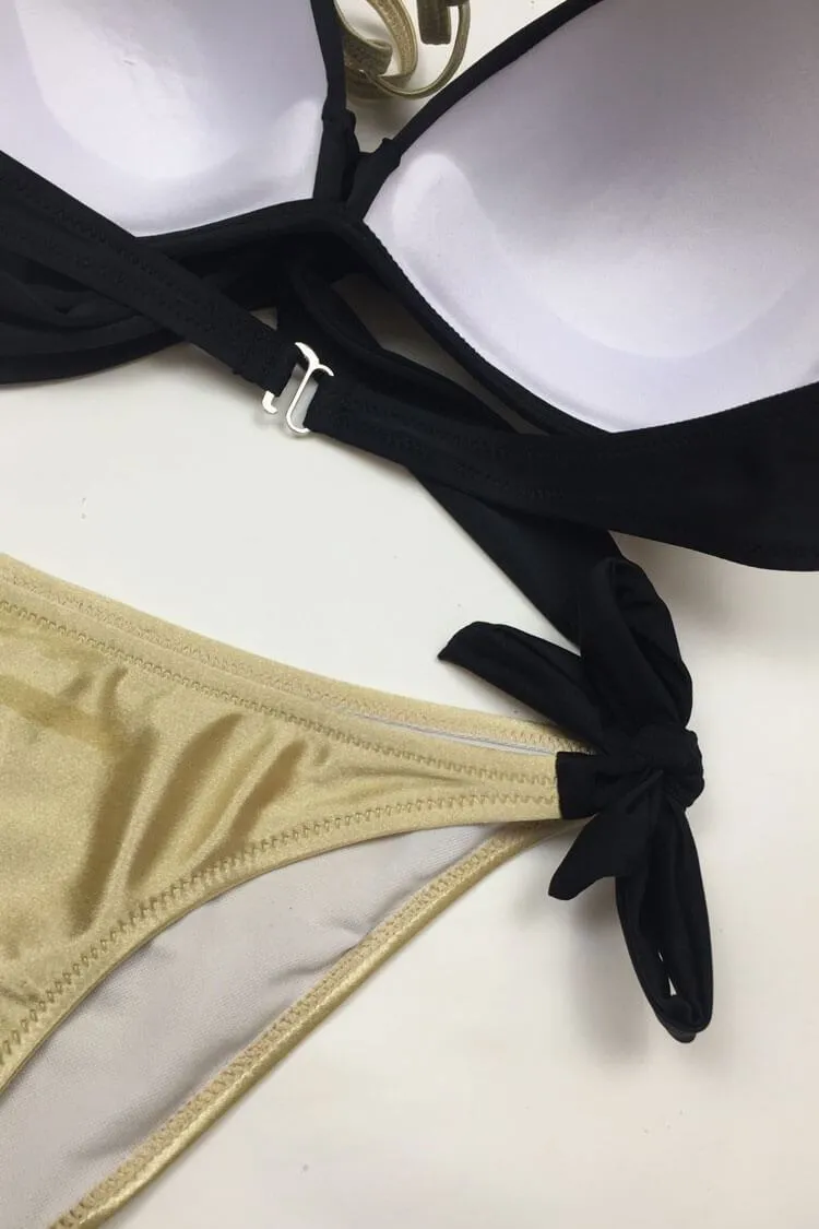 Metallic Color Block Cross Wrap Halter Bikini Swimsuit - Two Piece Set