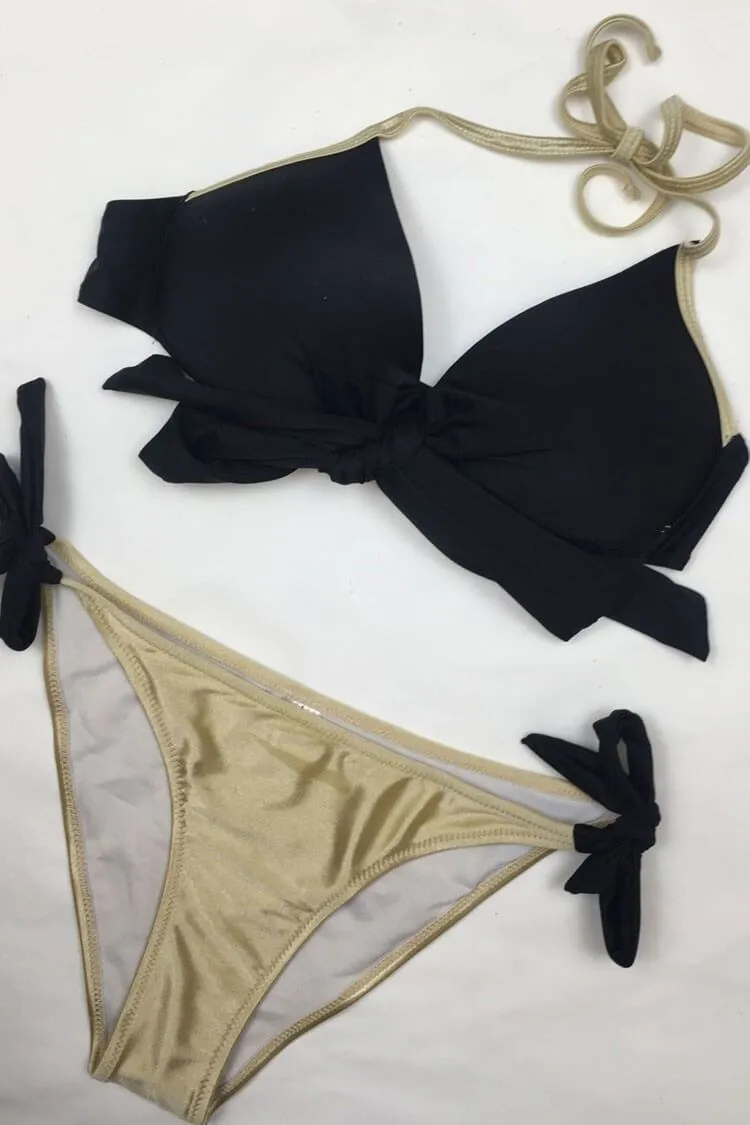 Metallic Color Block Cross Wrap Halter Bikini Swimsuit - Two Piece Set