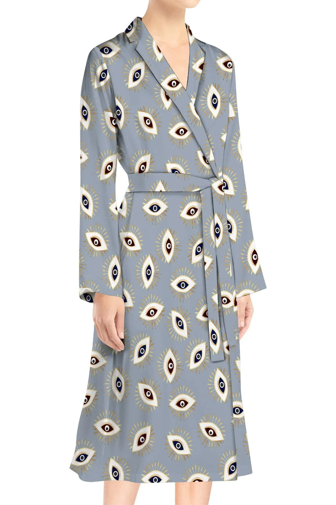 Midi Length Wrap Dress Made With Biodegradable  Fabrics Evil Eye Grey