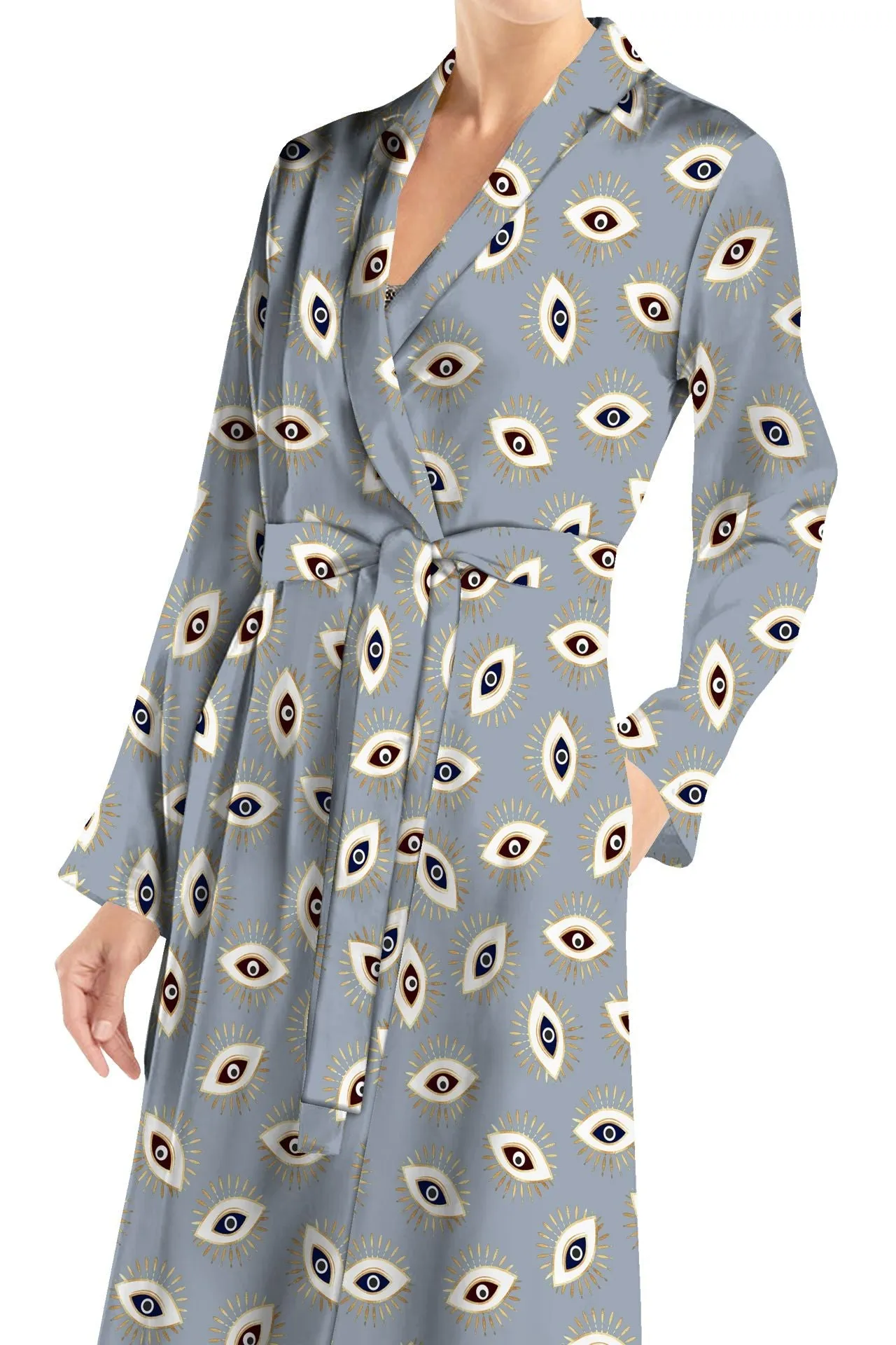 Midi Length Wrap Dress Made With Biodegradable  Fabrics Evil Eye Grey