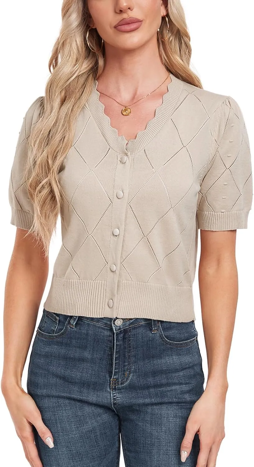 MINTLIMIT Cropped Cardigan Sweaters for Women 2025 V Neck Knit Bolero Shrugs Short Sleeve Lightweight Button Up Sweaters