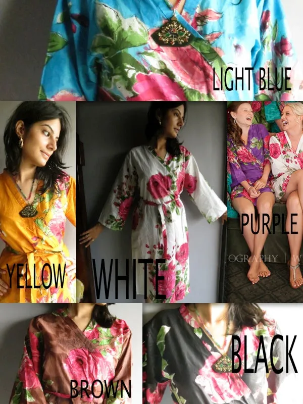 Mismatched Large Fuchsia Floral Blossom Patterned Bridesmaids Robes in Jewel Tones