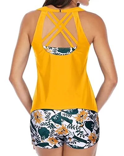 Modest 3 Piece Swimsuit For Women High Neck Backless Tankini-Yellow Floral