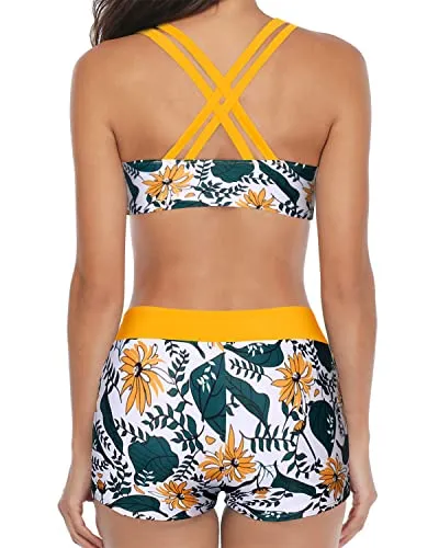 Modest 3 Piece Swimsuit For Women High Neck Backless Tankini-Yellow Floral