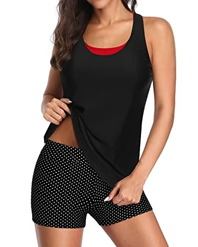 Modest 3 Piece Tankini Swimsuits For Women Tummy Control Bathing Suits-Black Dot