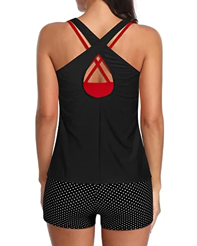 Modest 3 Piece Tankini Swimsuits For Women Tummy Control Bathing Suits-Black Dot