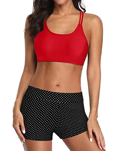 Modest 3 Piece Tankini Swimsuits For Women Tummy Control Bathing Suits-Black Dot