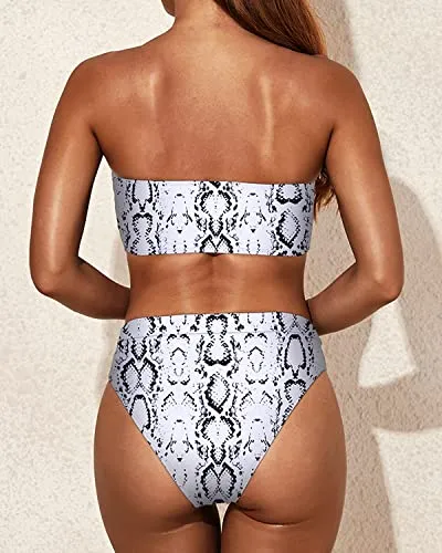 Modest Coverage Tummy Control Women Two Piece Bandeau Swimsuit-Snake Print