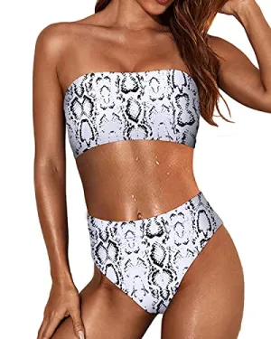 Modest Coverage Tummy Control Women Two Piece Bandeau Swimsuit-Snake Print