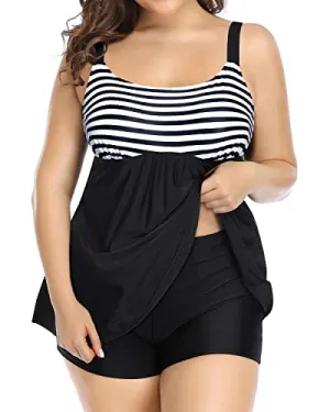 Modest Plus Size Two Piece Tankini With Boy Shorts For Women-Black And White Stripe