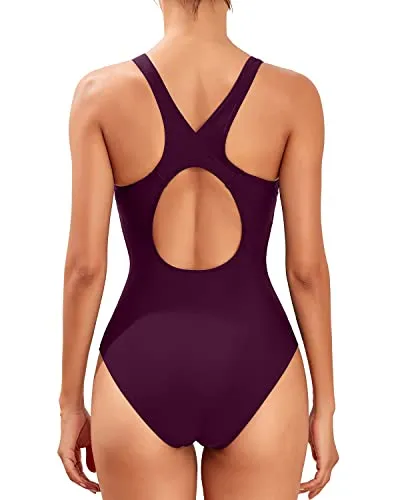 Modest Sporty One Piece Swimsuit Racerback For Women-Maroon
