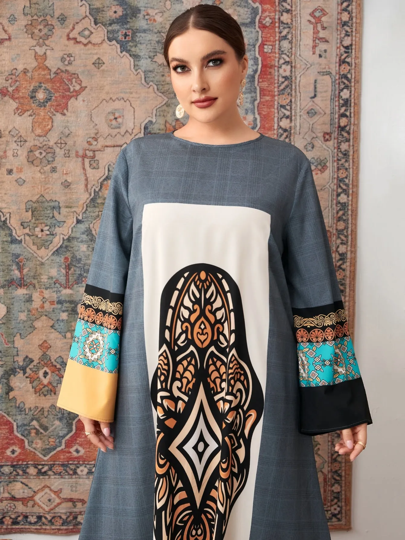 Modest Tribal Long Sleeve Round Neck Straight Natural Maxi Plus Size Dress