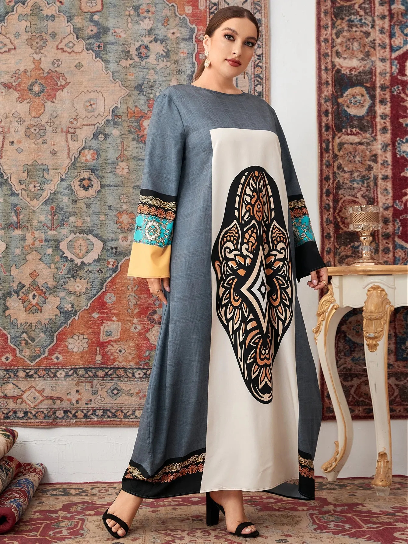 Modest Tribal Long Sleeve Round Neck Straight Natural Maxi Plus Size Dress