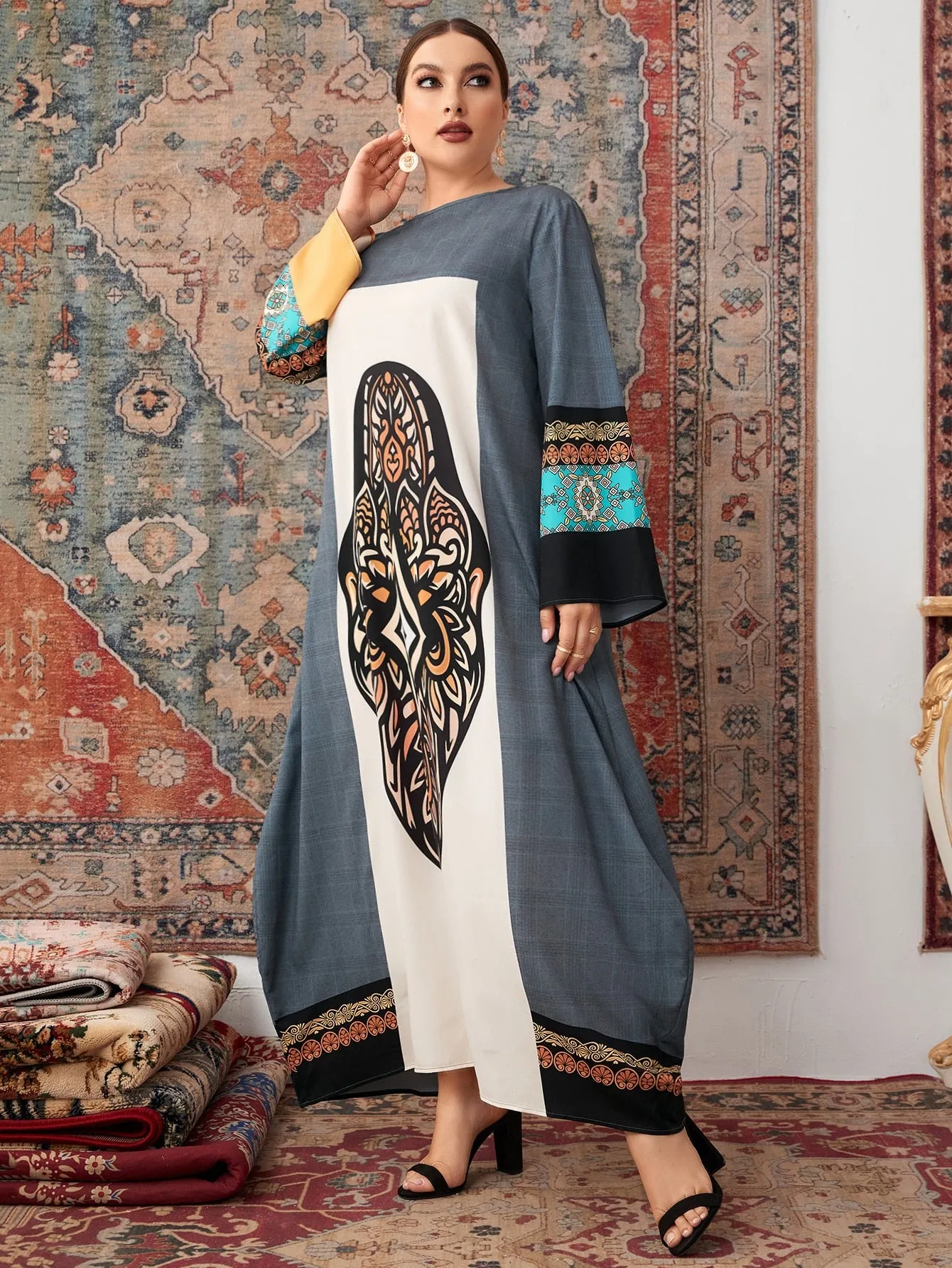 Modest Tribal Long Sleeve Round Neck Straight Natural Maxi Plus Size Dress